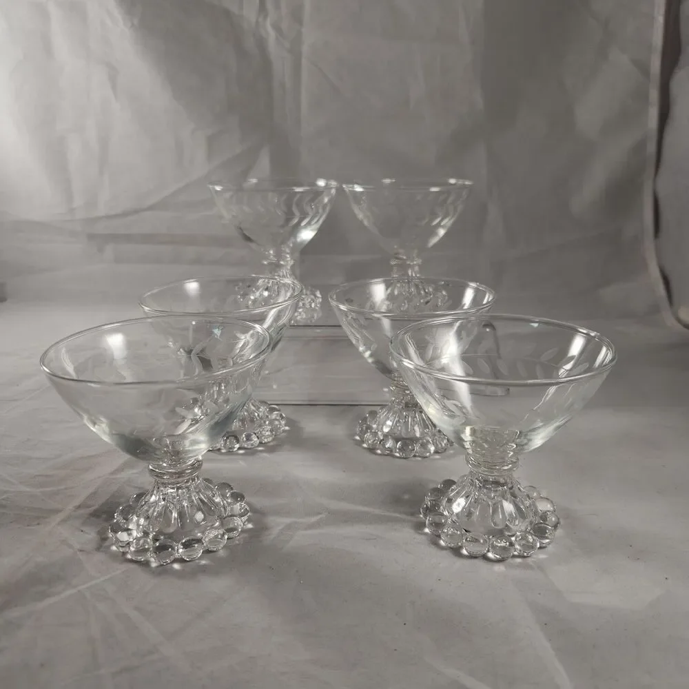 Set of 6 Anchor Hocking Etched Laurel Boopie Clear Champagne Sherbet Glasses